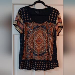 Lucky Brand Bohemian Top - Black and Orange Mosaic Mandala Cotton Blend top